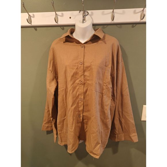 Prettylittlething linen look MOCHA OVERSIZED CUFF SHIRT us 8 - Picture 3 of 4